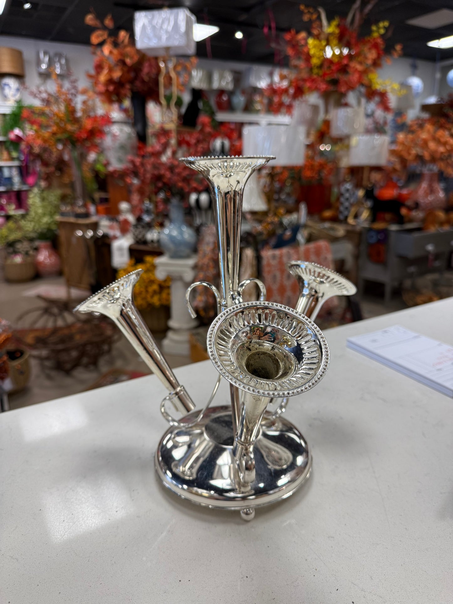 Antique silver plated four-trumpet epergne centerpiece