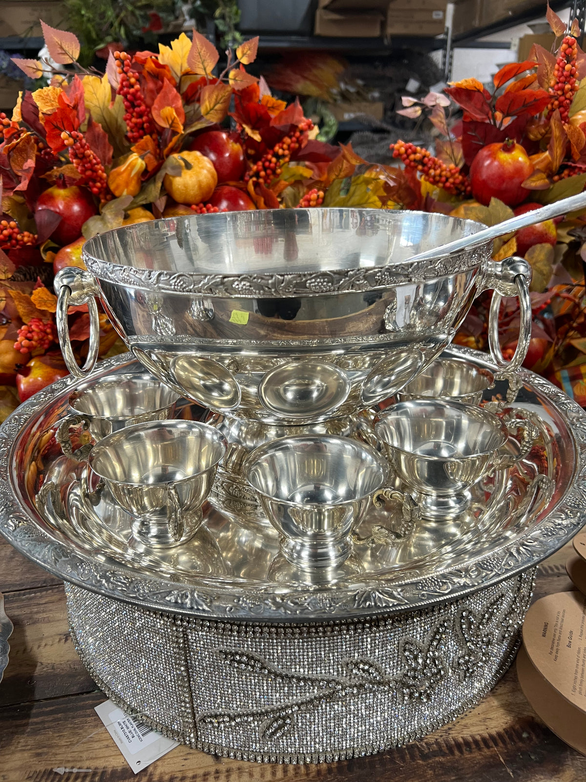 Vintage Silver-Plated Punchbowl with 12 Cups,  Tray and Ladle