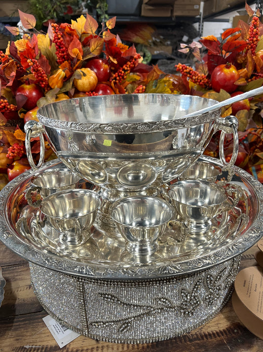 Vintage Silver-Plated Punchbowl with 12 Cups,  Tray and Ladle