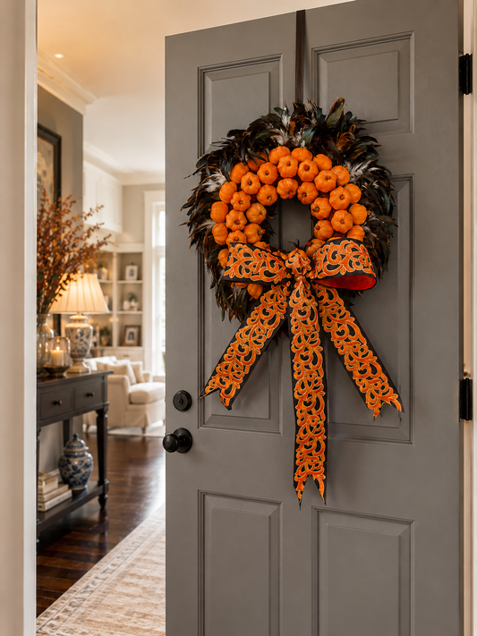 Indoor Feather and Pumpkin Wreath