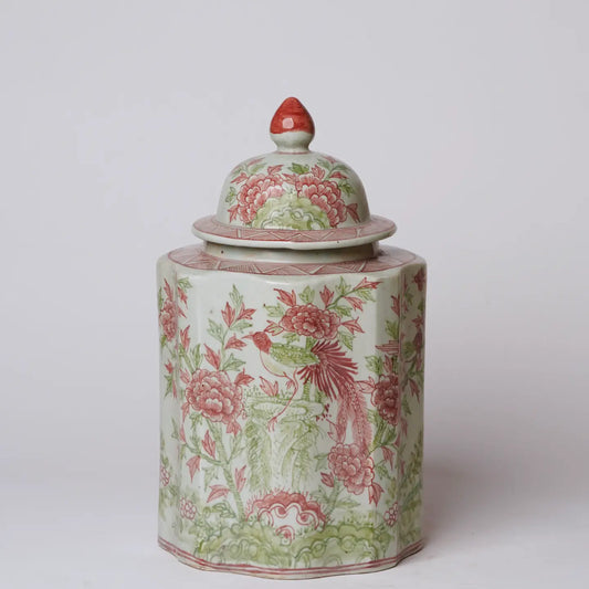 Pink and Green Porcelain Golden Pheasant Ribbed Lidded Jar