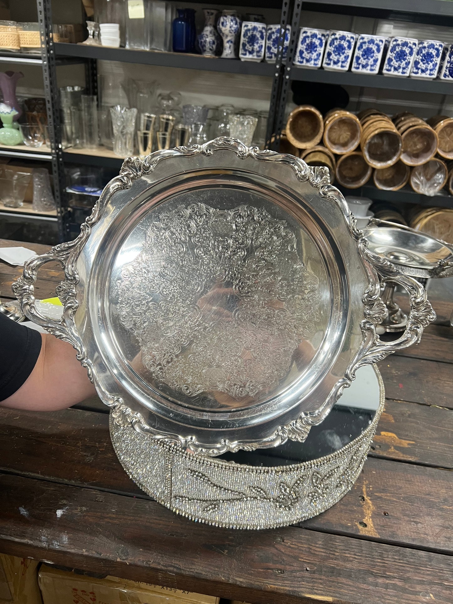 Vintage Heavy Silver Plated Platter with handles and feet