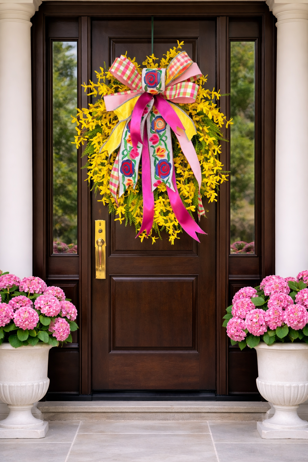 Forsythia on beaded grass wreath