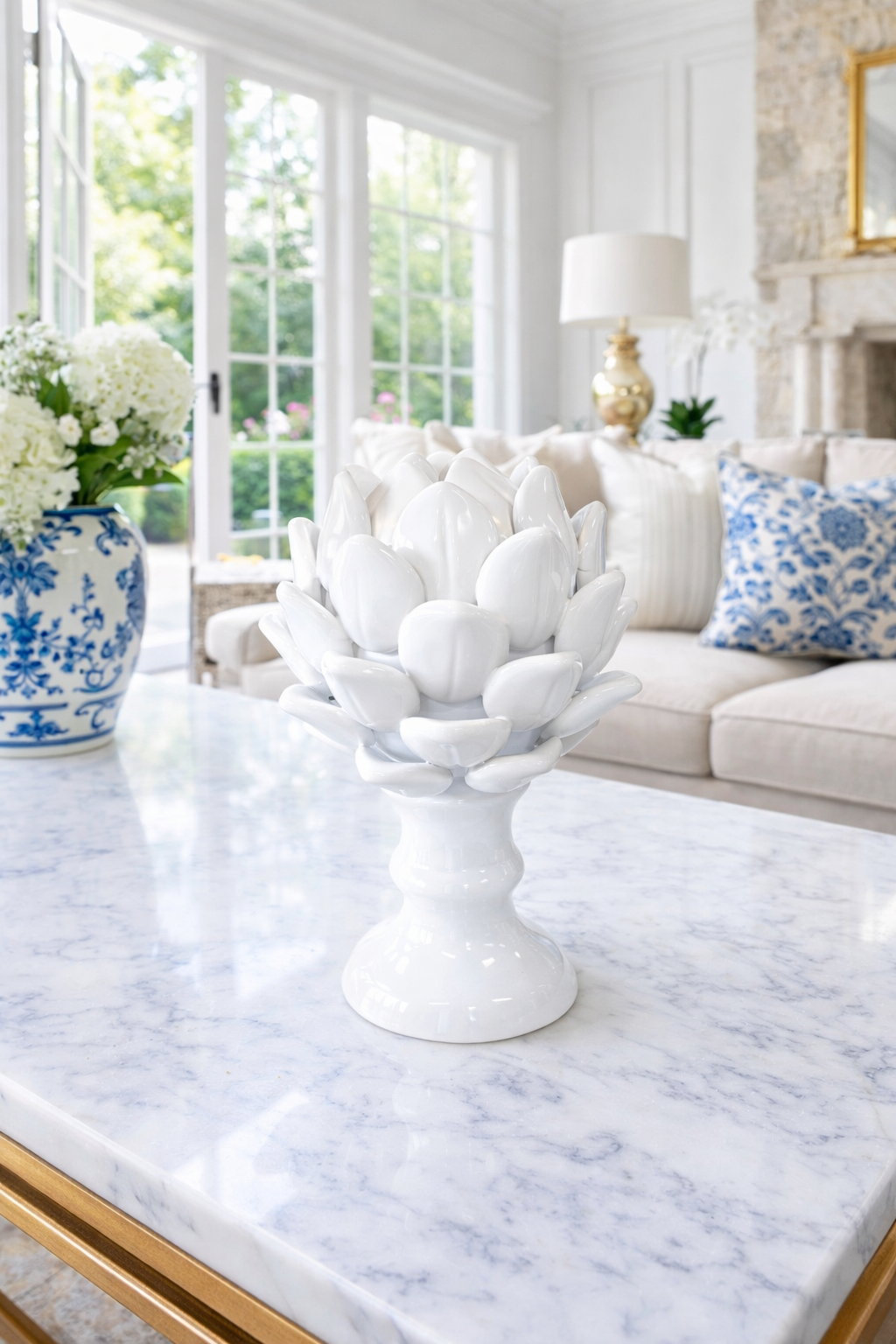 9” White ceramic artichoke sculpture