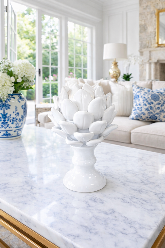 9” White ceramic artichoke sculpture