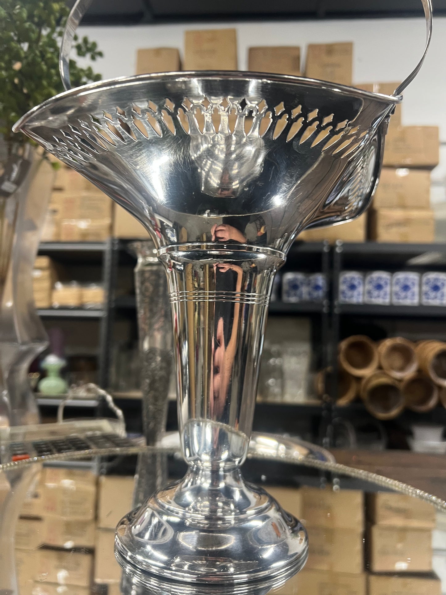 Vintage Silver-Plated Pedestal Bridal Basket with Handle Vase