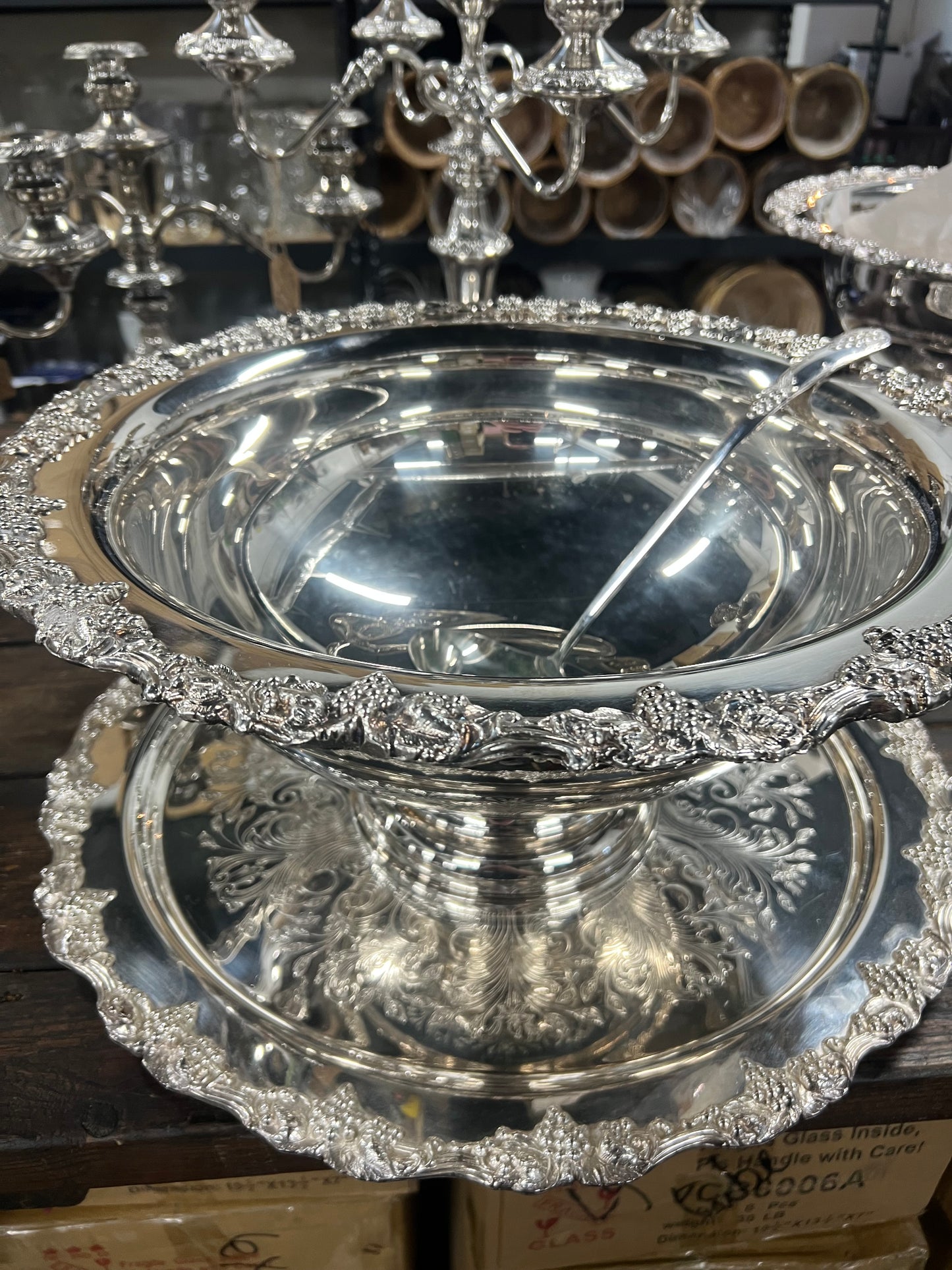 Vintage Silver Plated Punchbowl with Tray and Ladle