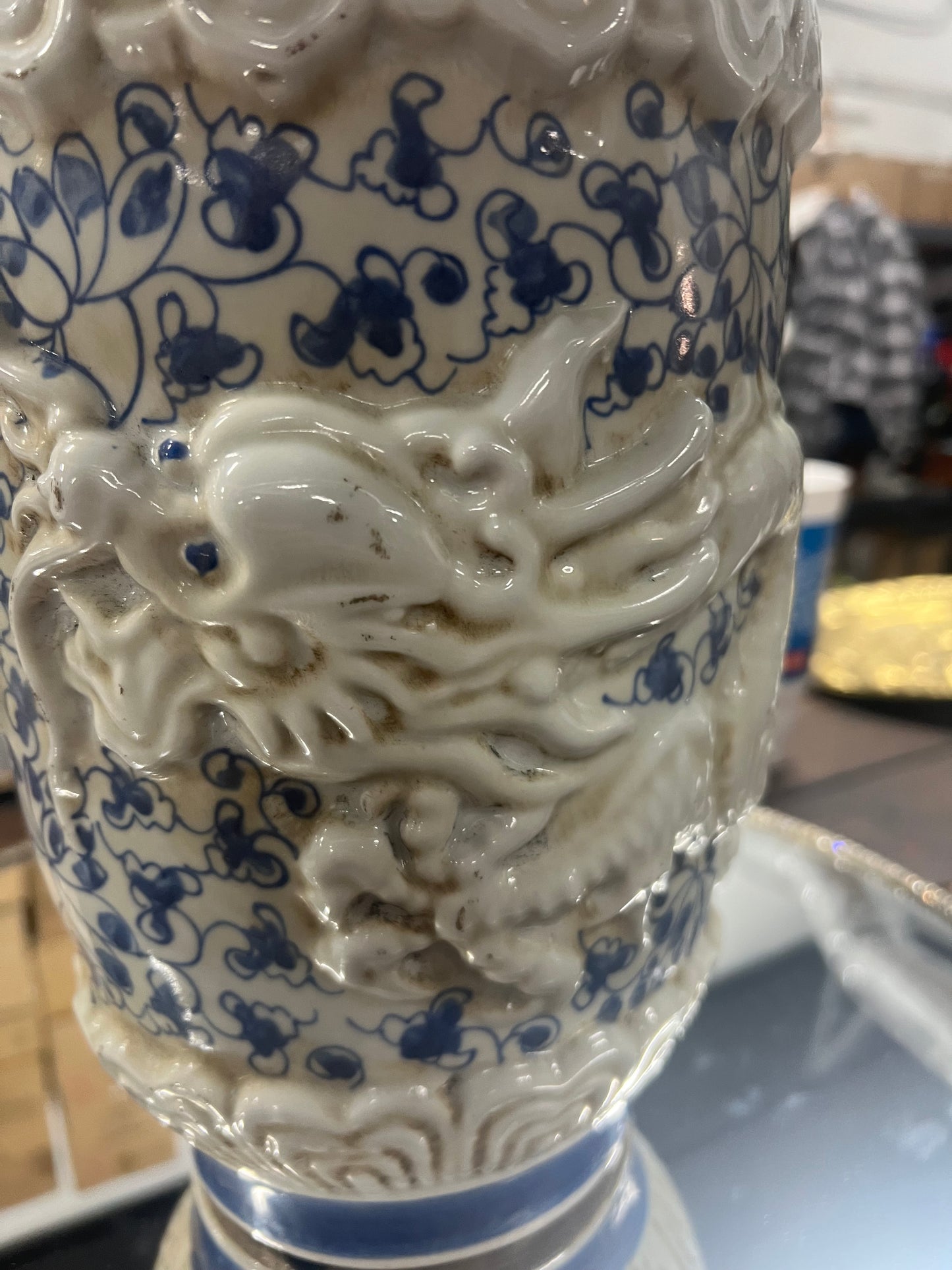 Vintage Authentic Embossed Blue and White Dragon Vase