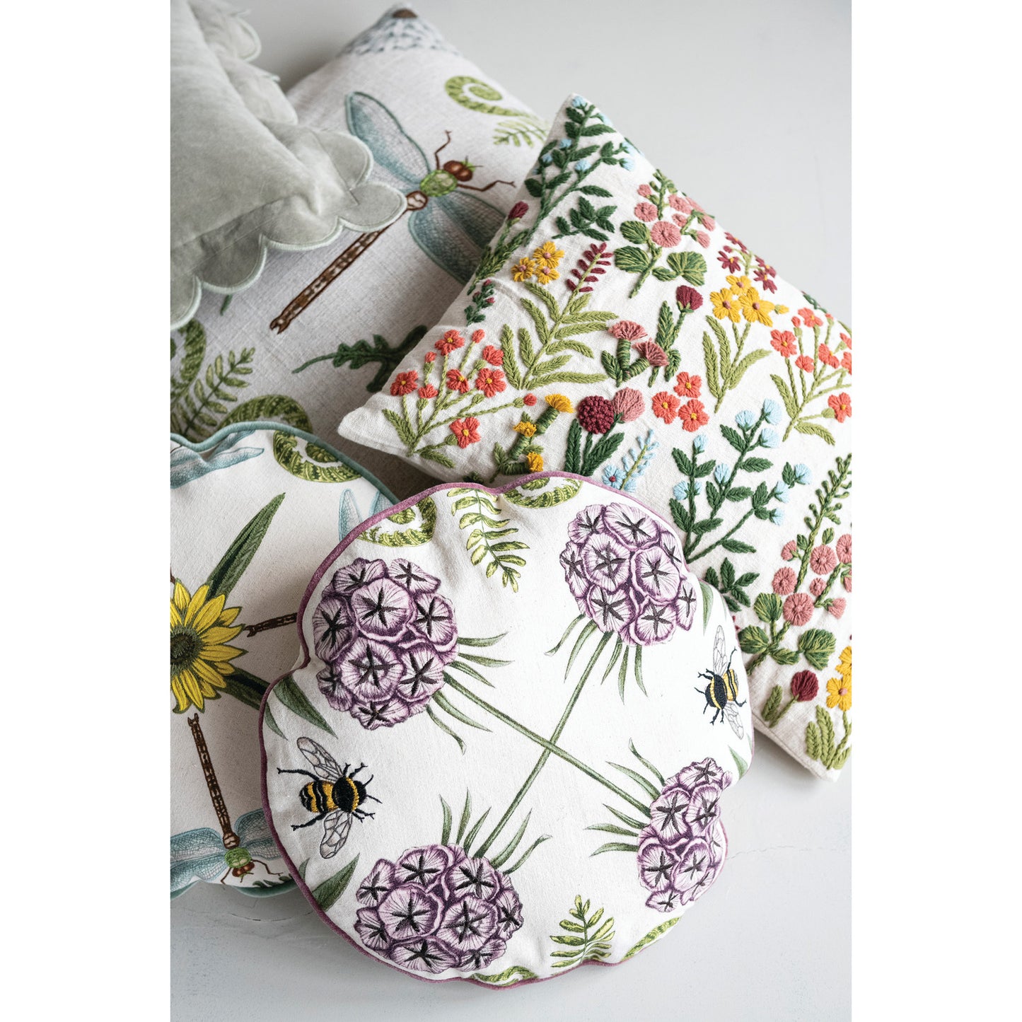 Round Linen Pillow with Botanicals, Animals, Embroidery & Piping,