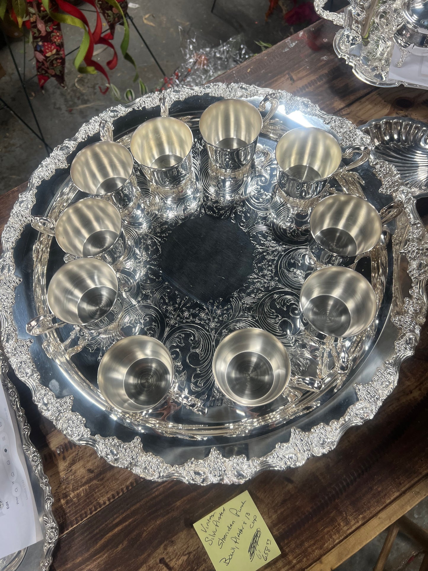 Vintage silver plated punch bowl with tray and 10 cups