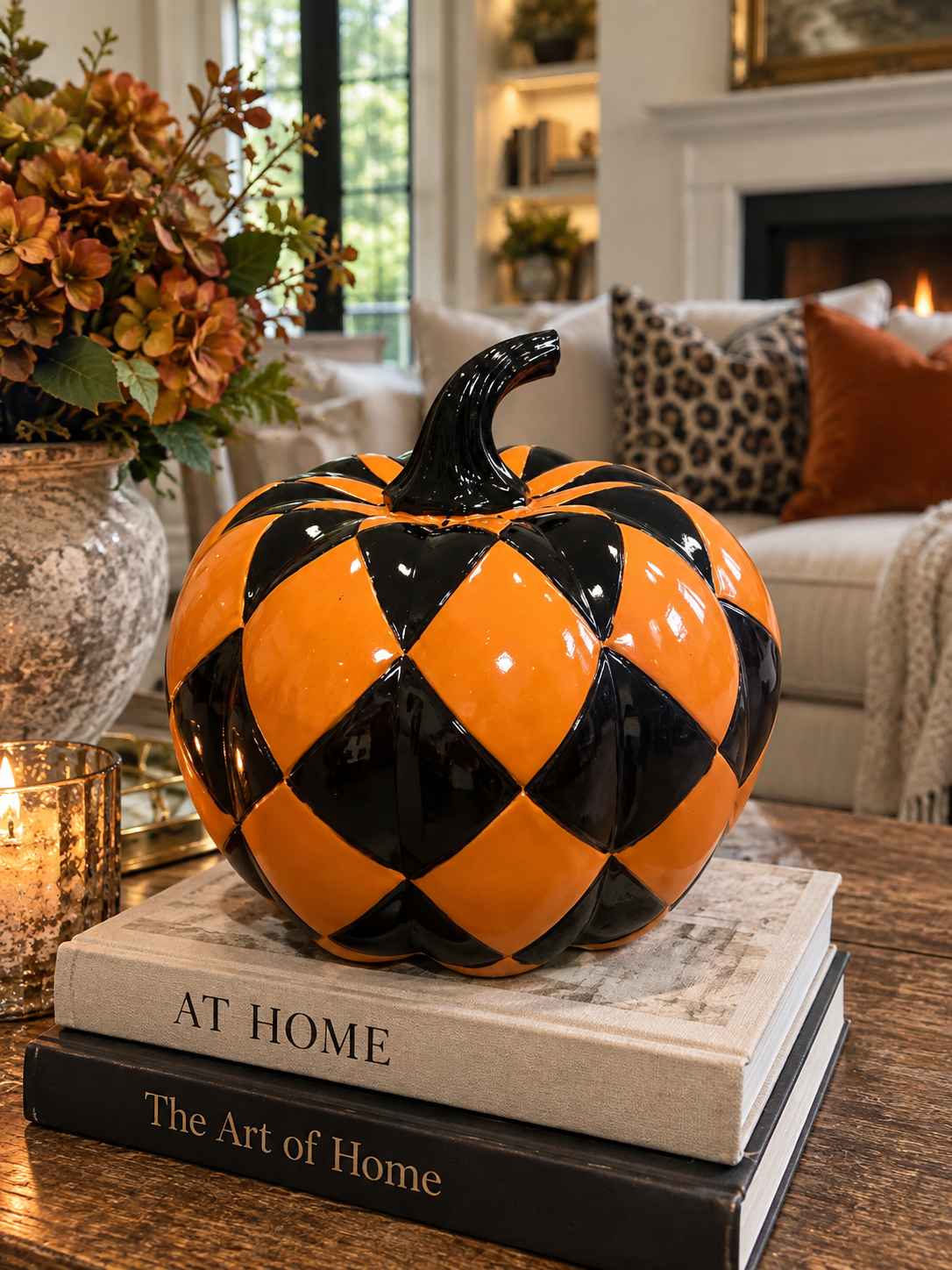 7.75 in Orange & Black Check Resin Pumpkin