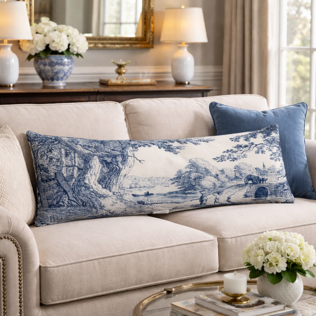 Blue and White Scenic, lumbar/body pillow
