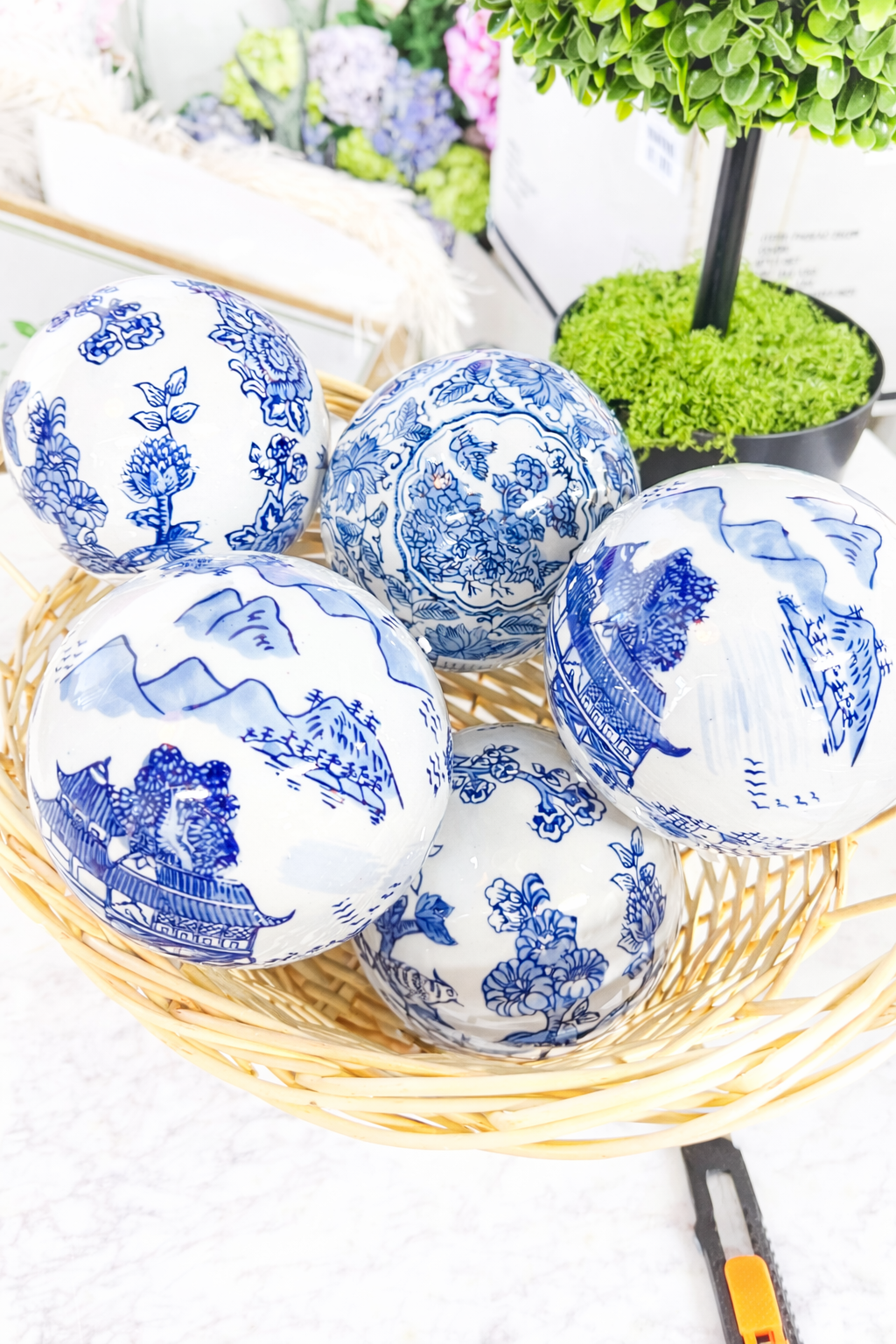Blue and White Hand- Painted Ceramic Decor Ball Set ￼