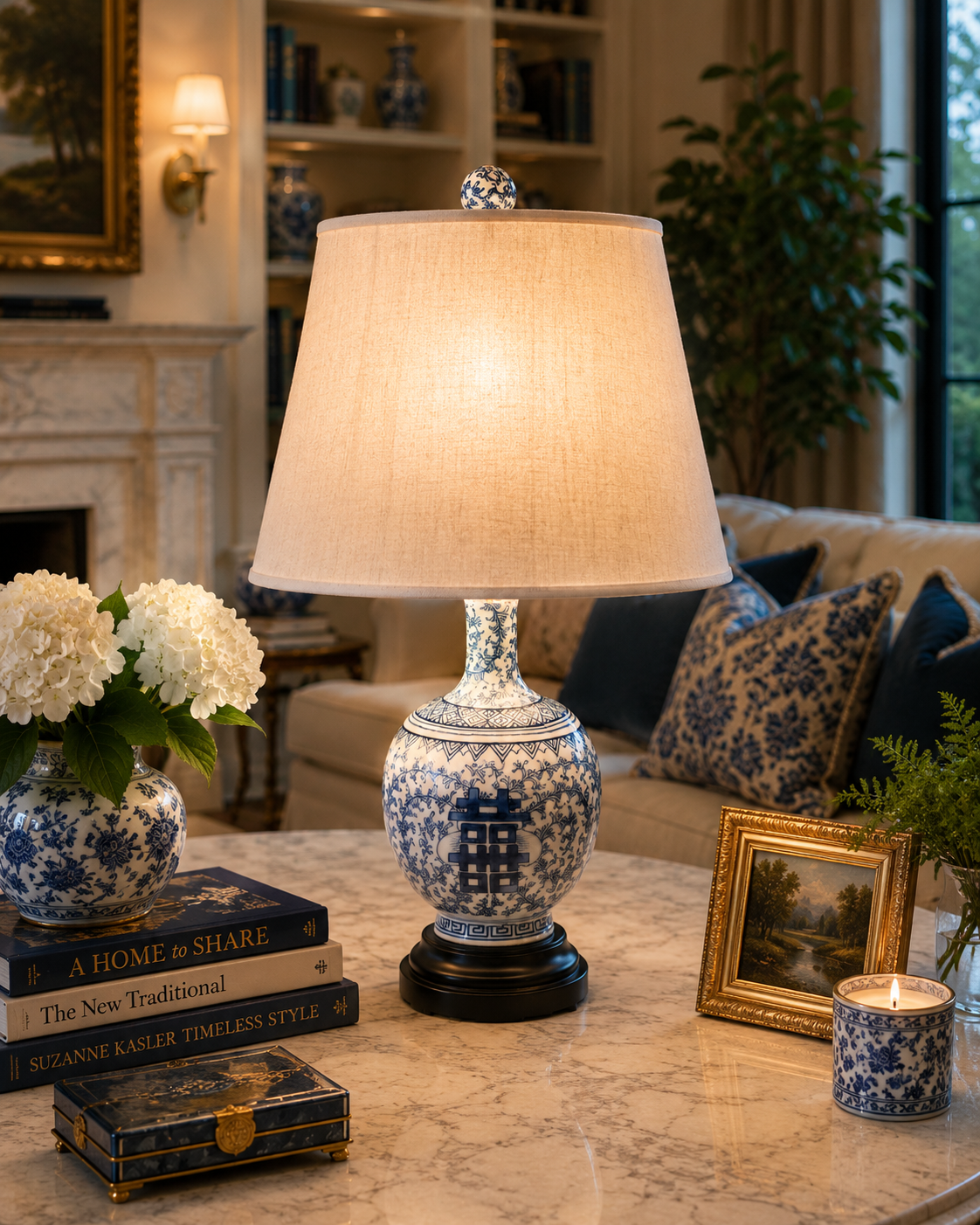 Blue and white happiness lamp