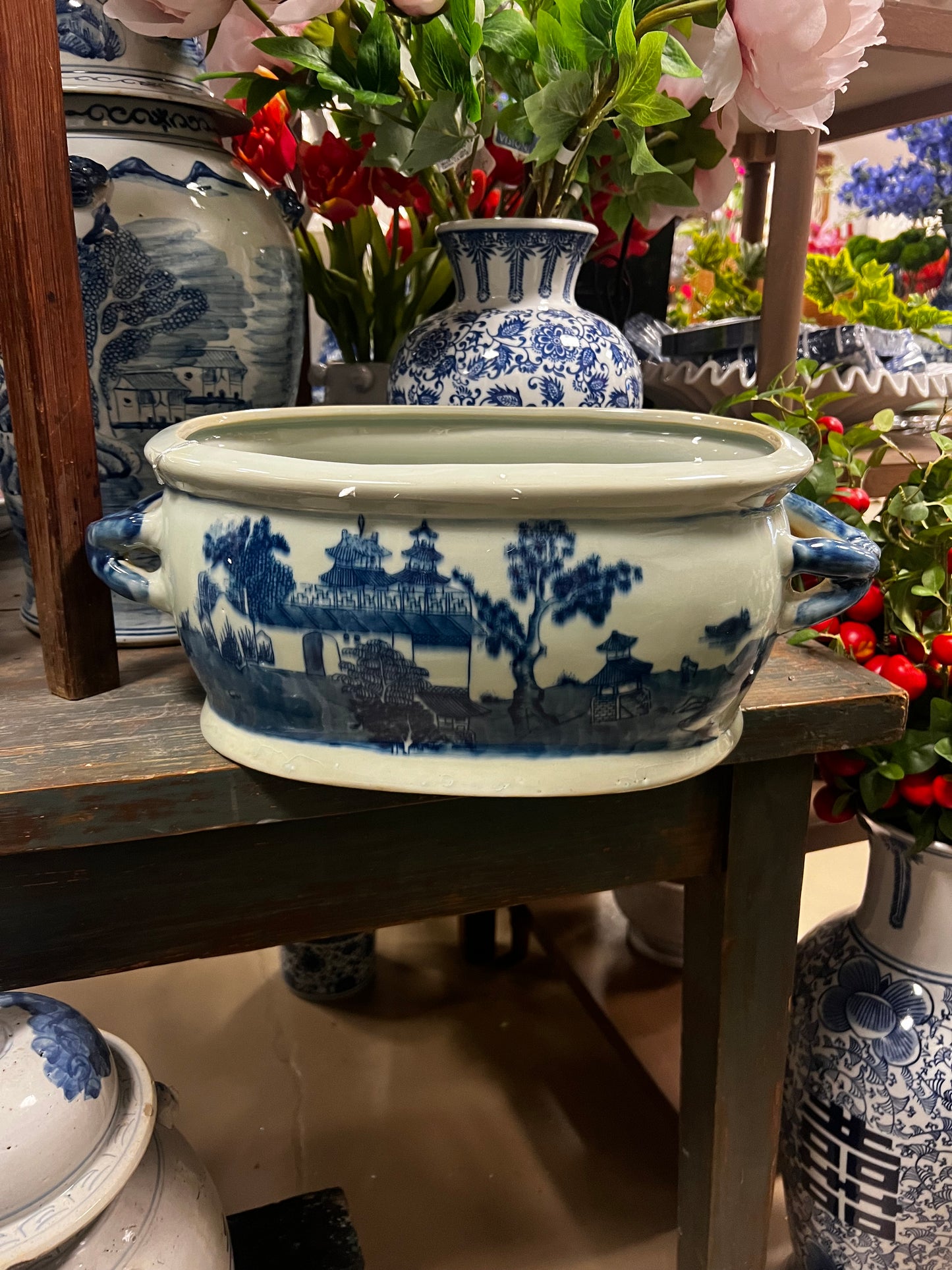 Blue and white ceramic pot oval with handles
