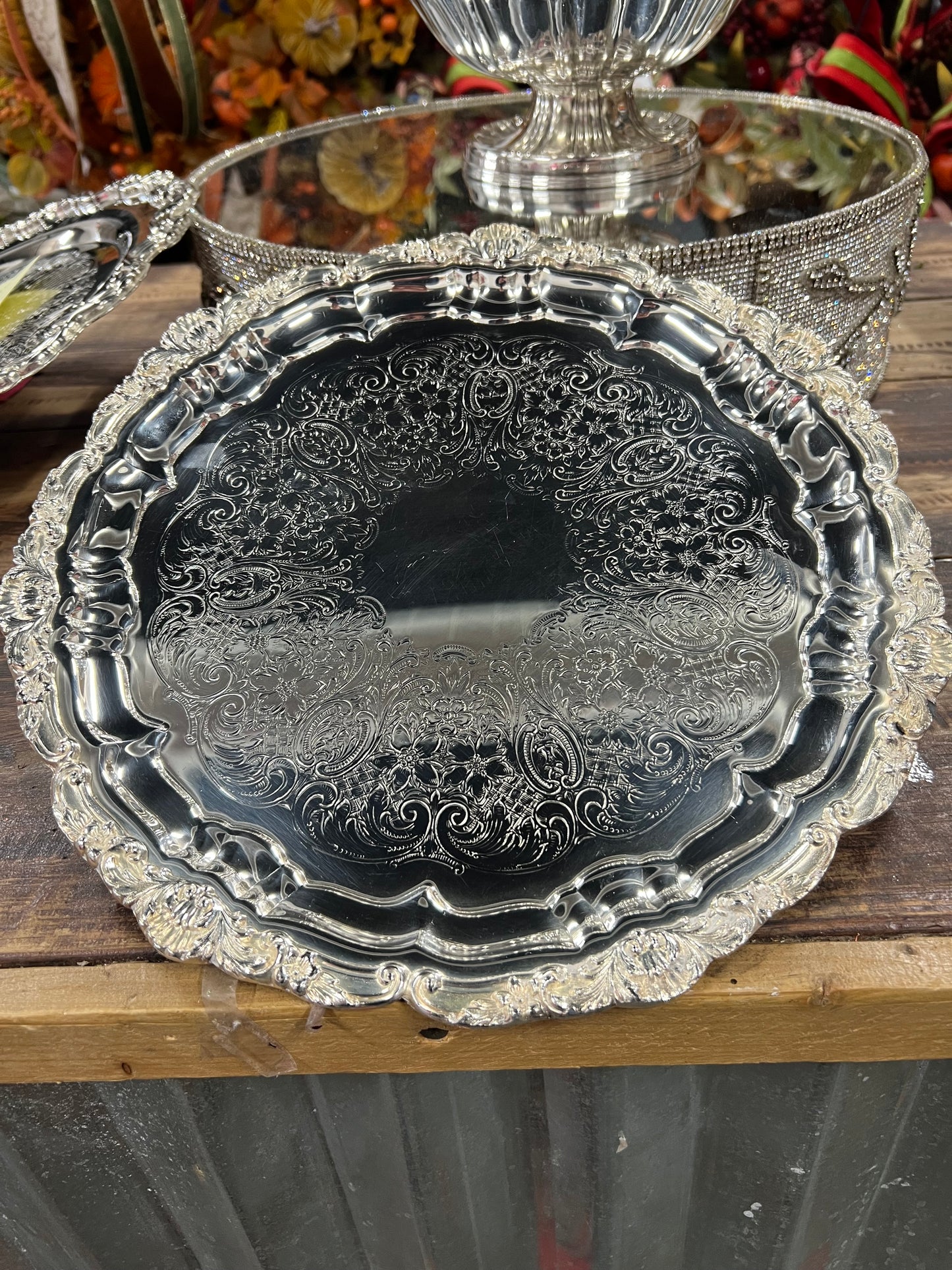 12” Vintage Silver-Plated Round Footed Serving Tray (#1 )