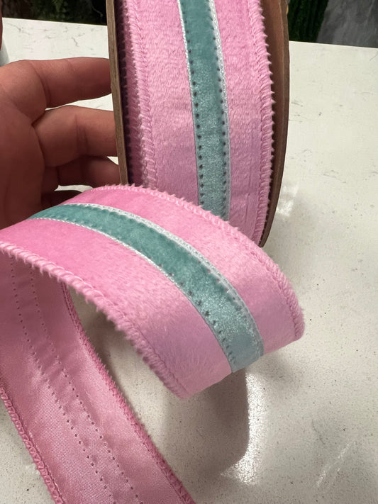 Pink with blue trim, velvet, wired edge ribbon