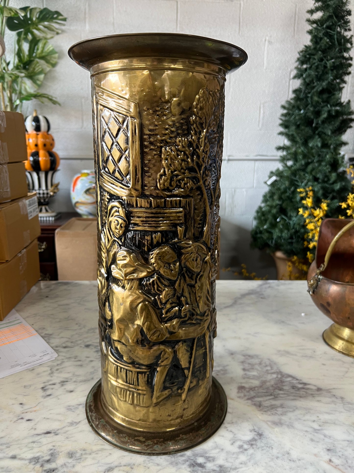 Vintage Brass Umbrella/Cane Embossed Tavern Scene Holder