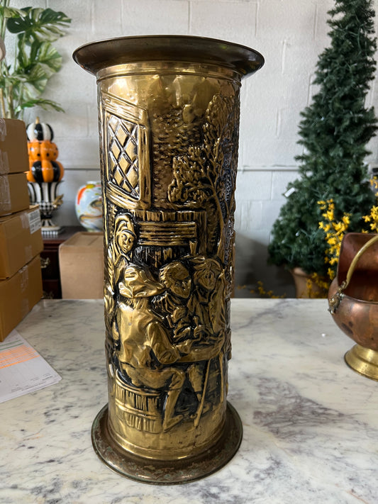 Vintage Brass Umbrella/Cane Embossed Tavern Scene Holder