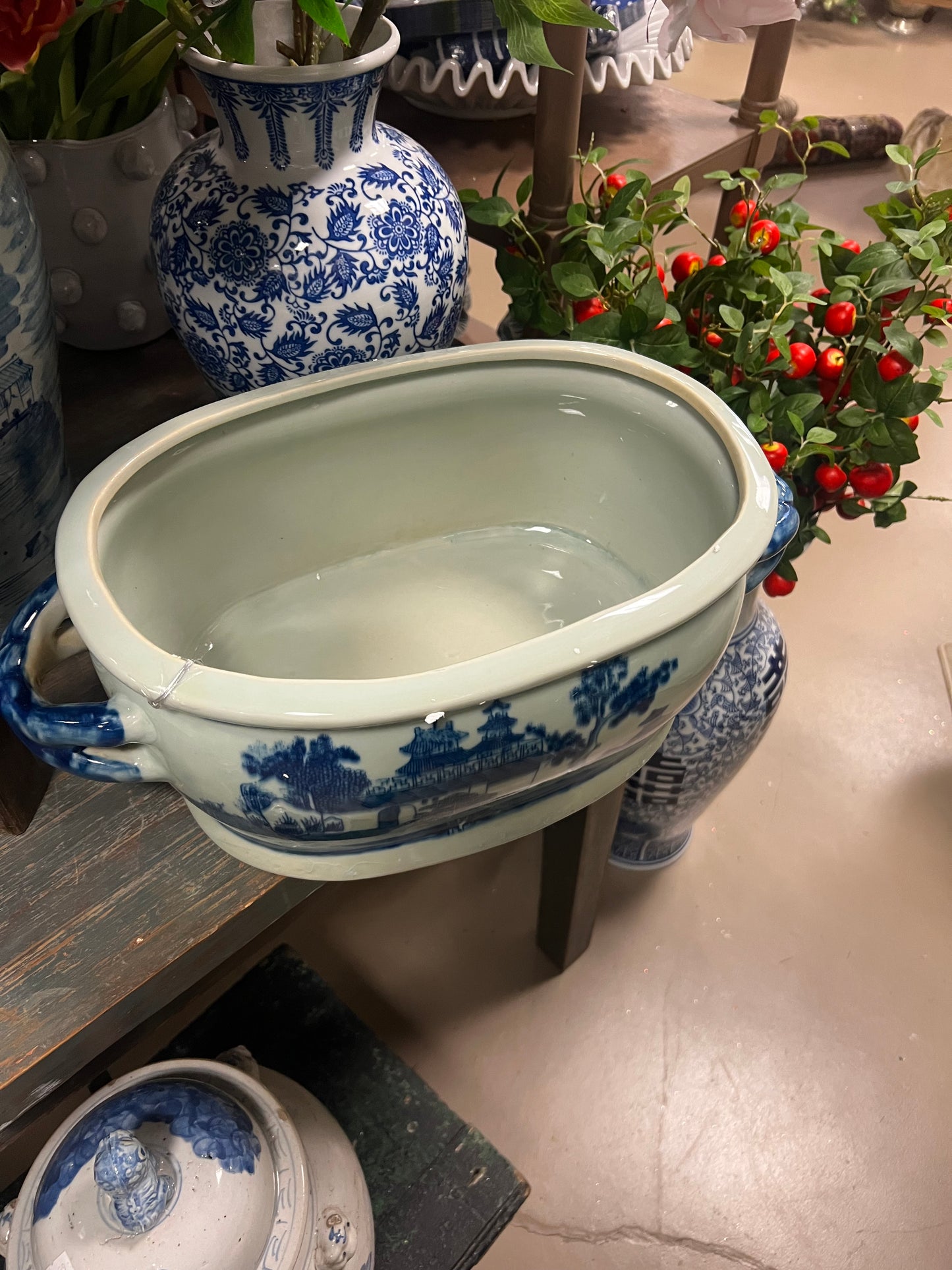 Blue and white ceramic pot oval with handles