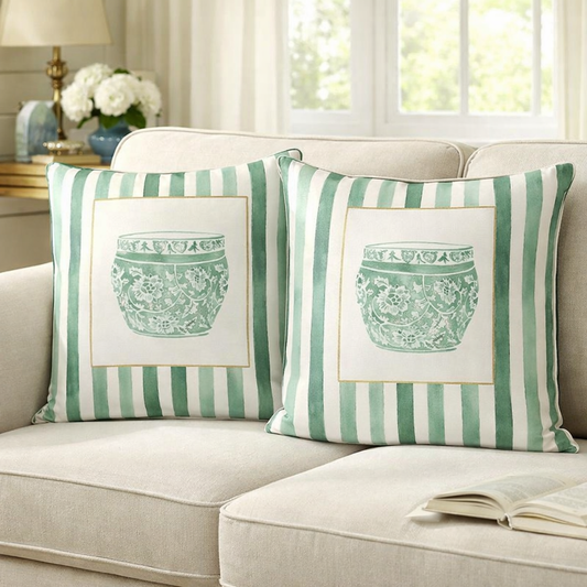 Set of 2 Green and White Pillows (rounded jar)