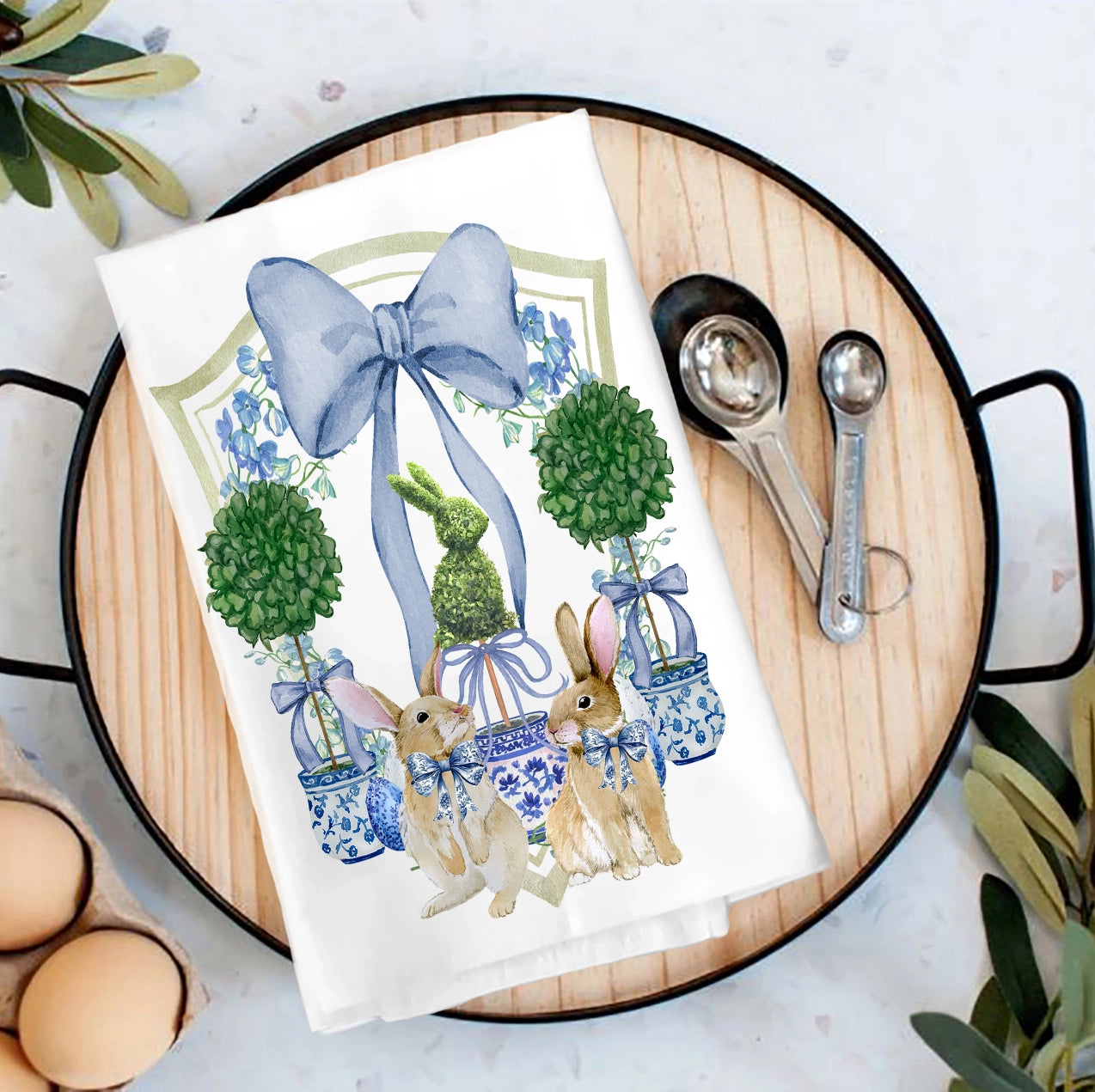 Easter Bunny Topiary Preppy Tea Towel