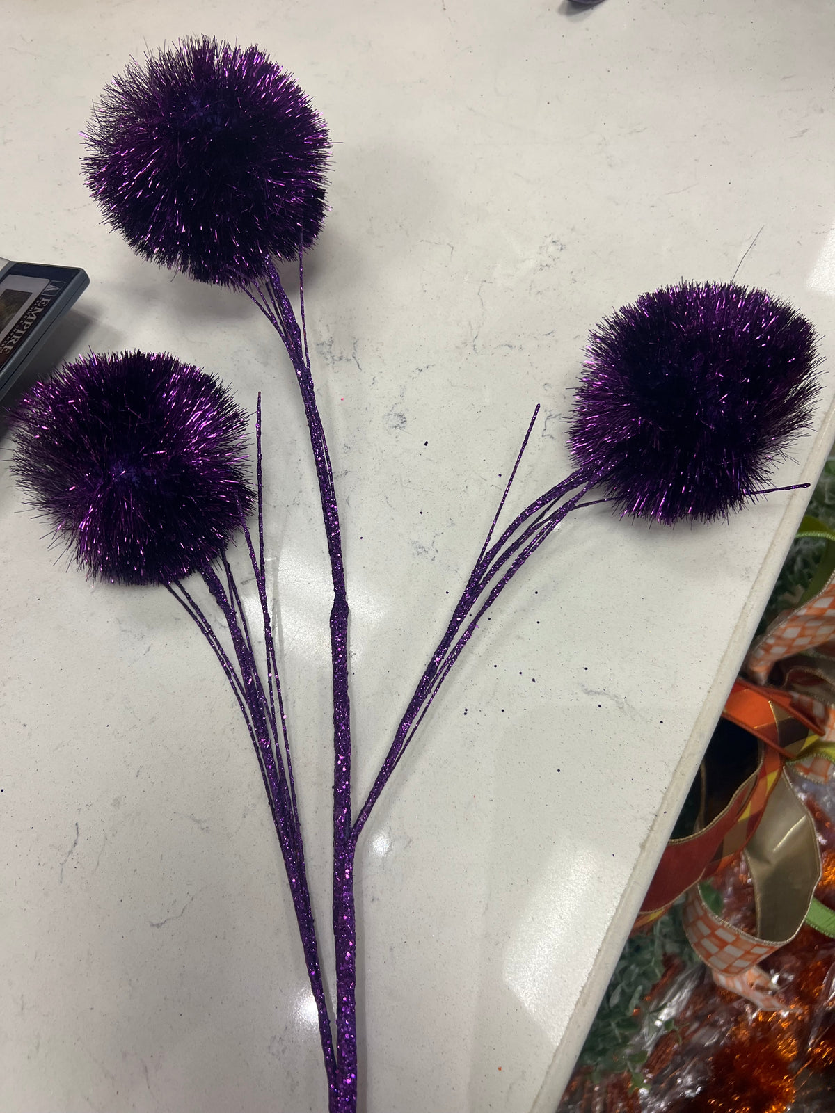 35” Purple Glitter PomPom Spray
