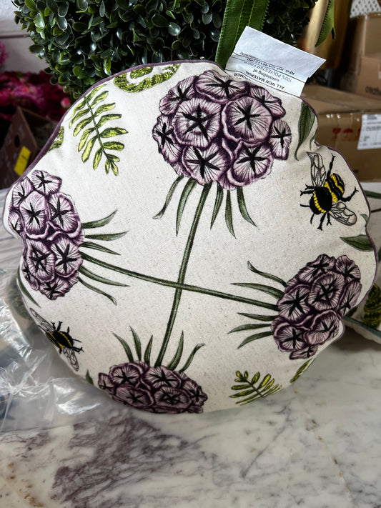 Round Linen Pillow with Botanicals, Animals, Embroidery & Piping,