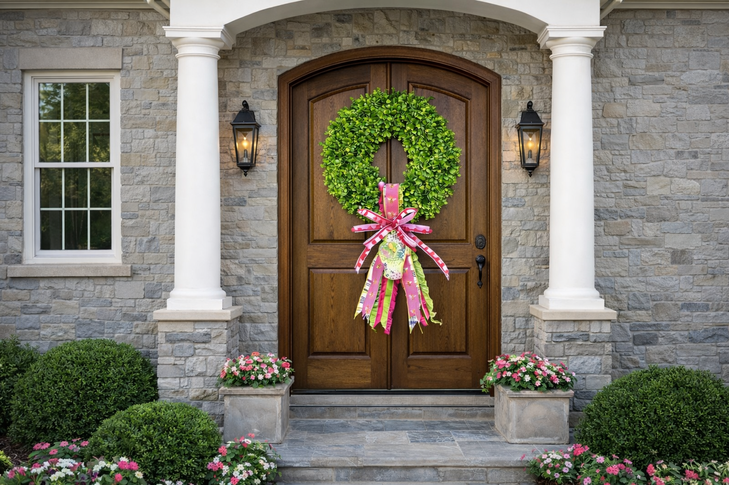 Pink Bee Boxwood wreath