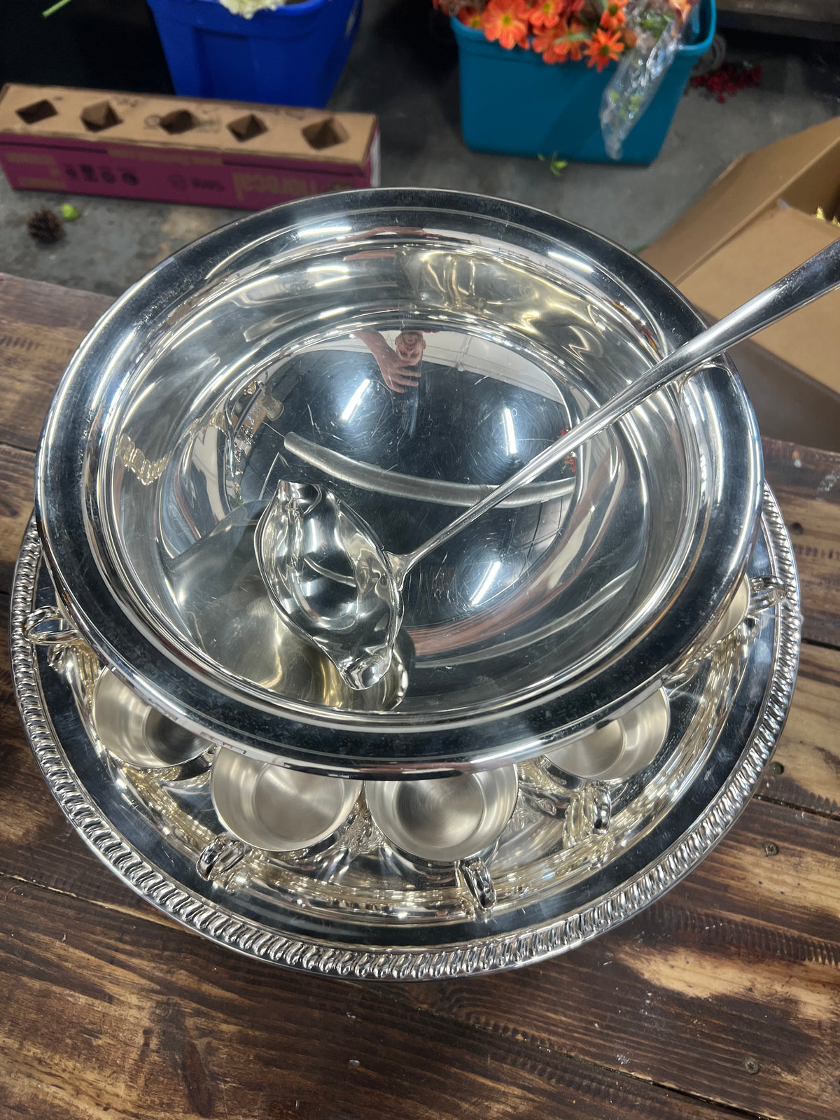 Vintage Silver-Plated Punch Bowl with 12 cups, Tray and Ladle (2)