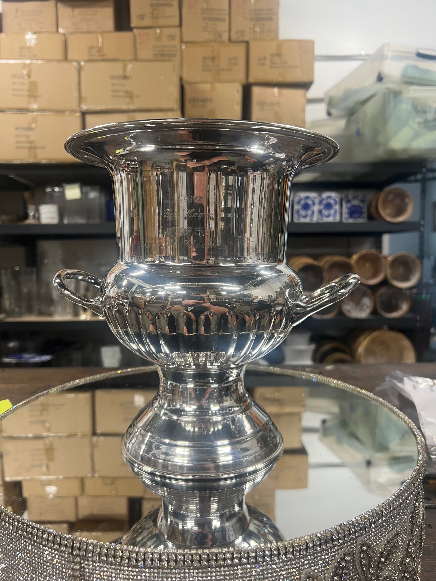 Vintage silver plated, champagne urn with handles.