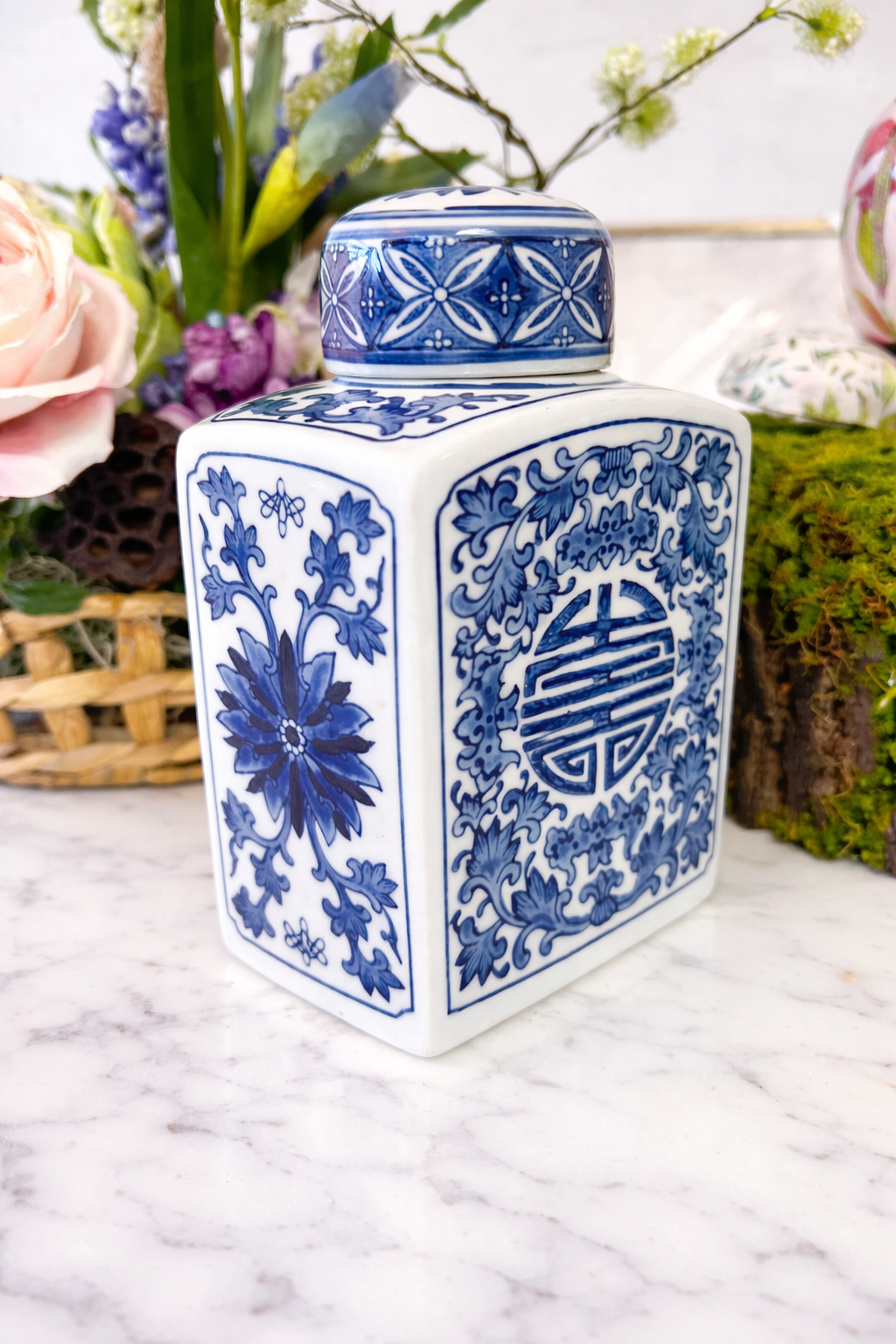 Blue and White Rectangular Lidded Jar