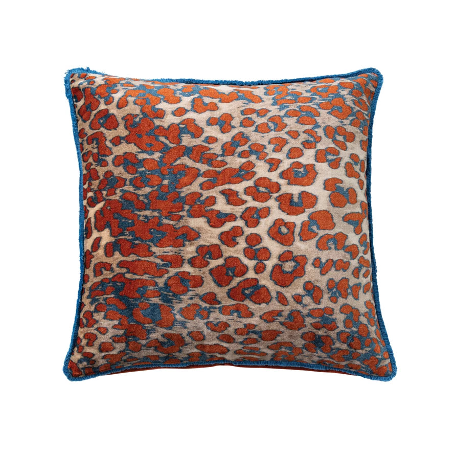 Square Velvet Pillow with Leopard Print Pattern & Tufted Fringe