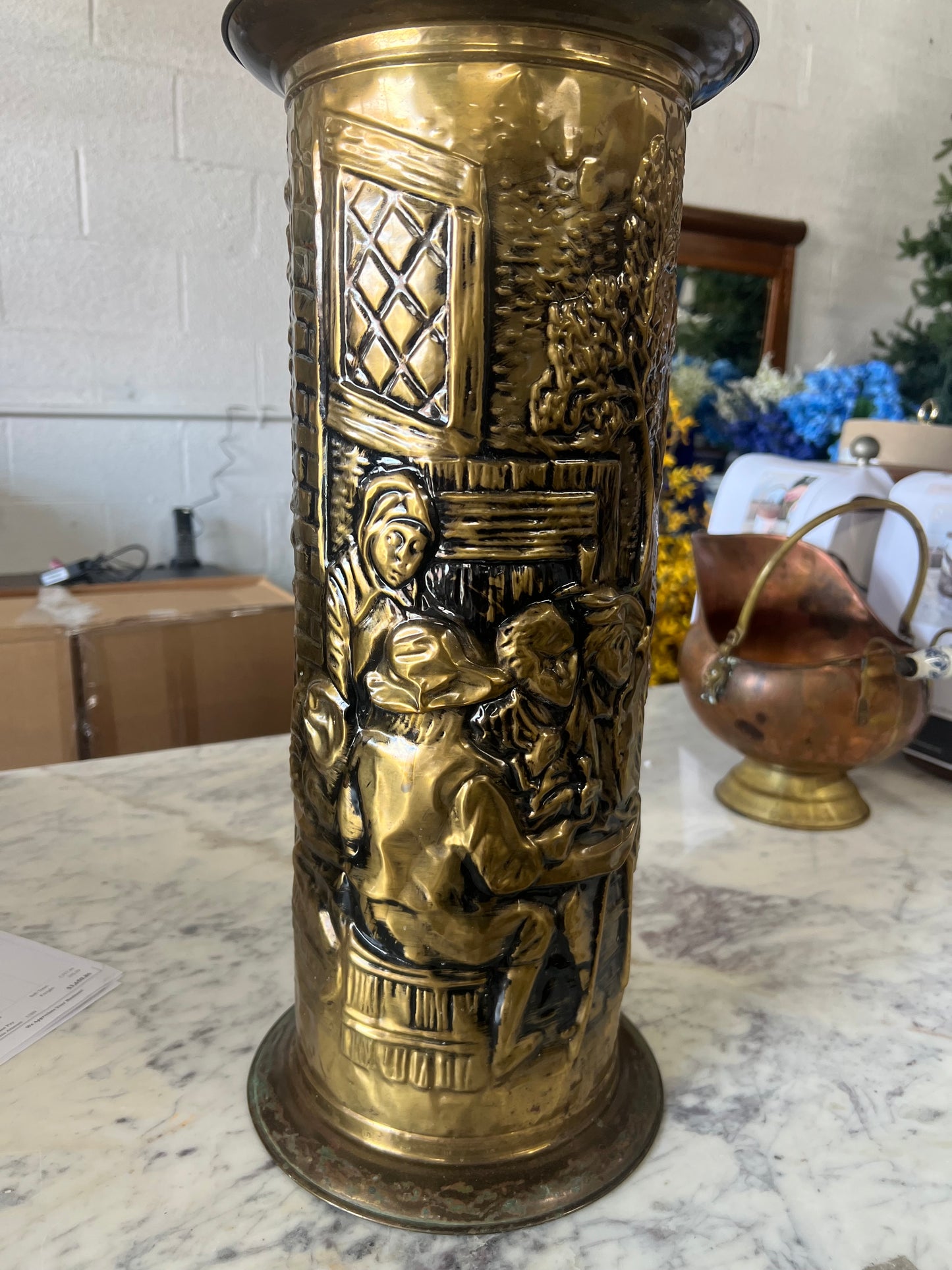 Vintage Brass Umbrella/Cane Embossed Tavern Scene Holder