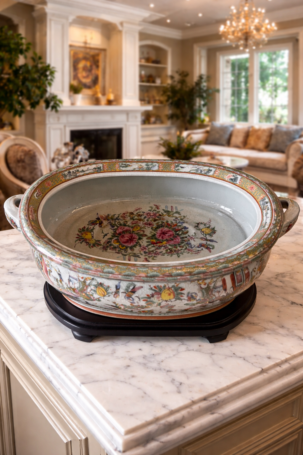 Rose medallion porcelain container with Handles