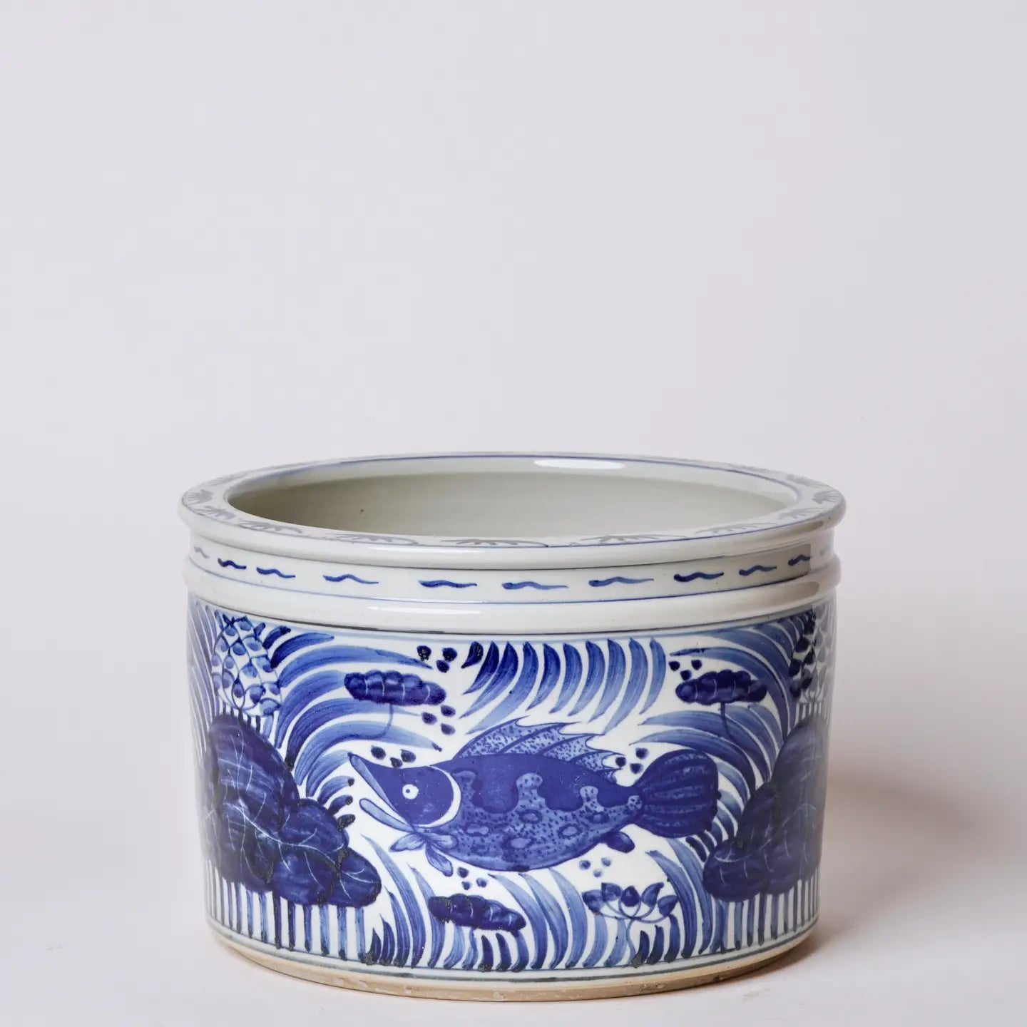 Blue and White Porcelain Fish and Lotus Wide Cachepot