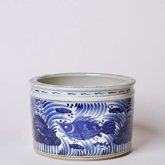 Blue and White Porcelain Fish and Lotus Wide Cachepot