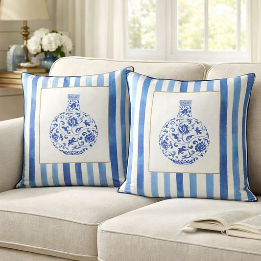 Set of 2 Blue and White Pillows (Rounded Vase)