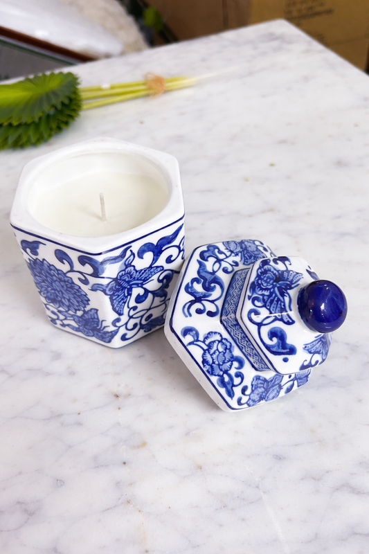 Blue and White Chinoiserie Sandalwood Myrrh Candle