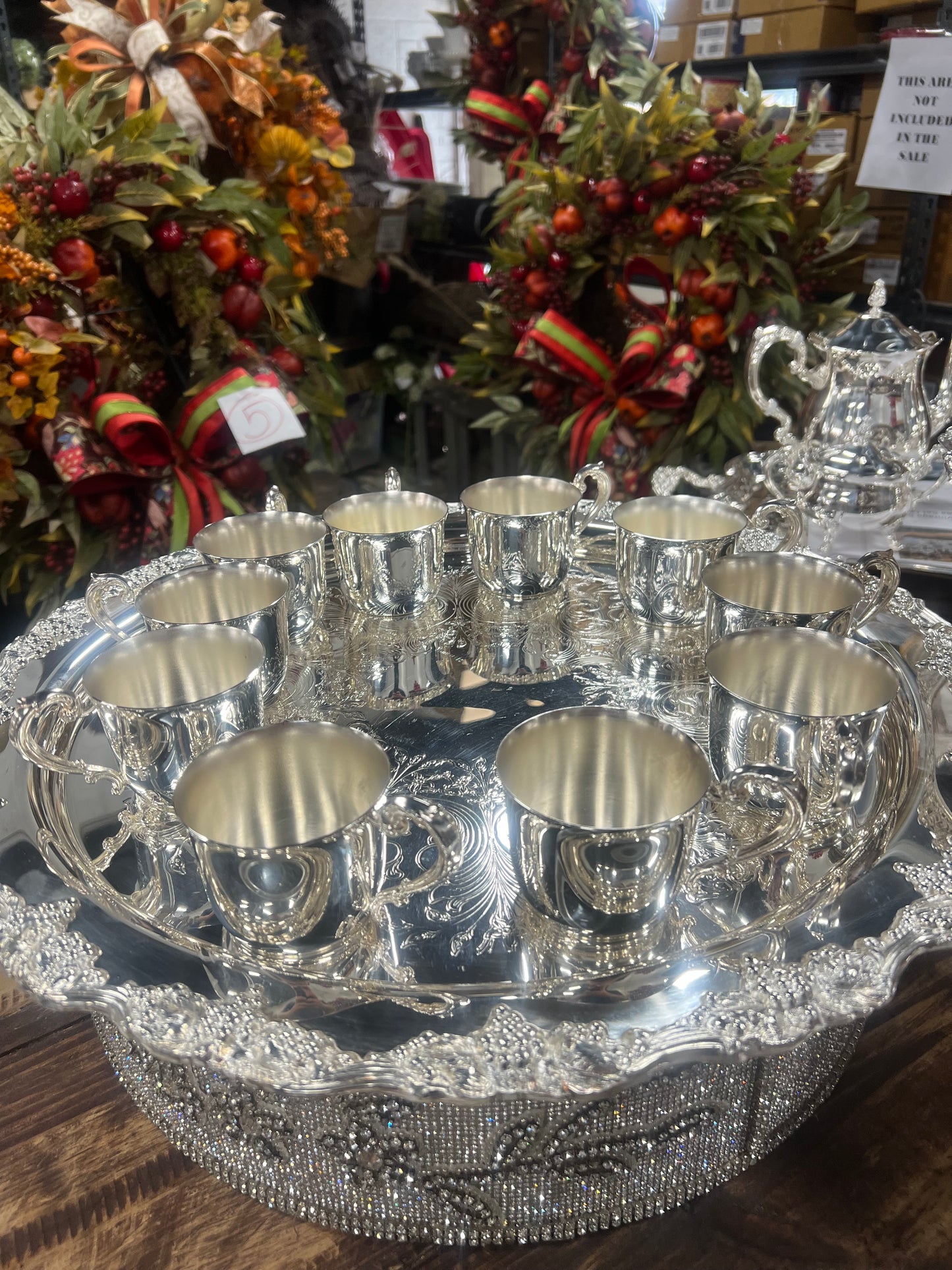 Vintage silver plated punch bowl with tray and 10 cups