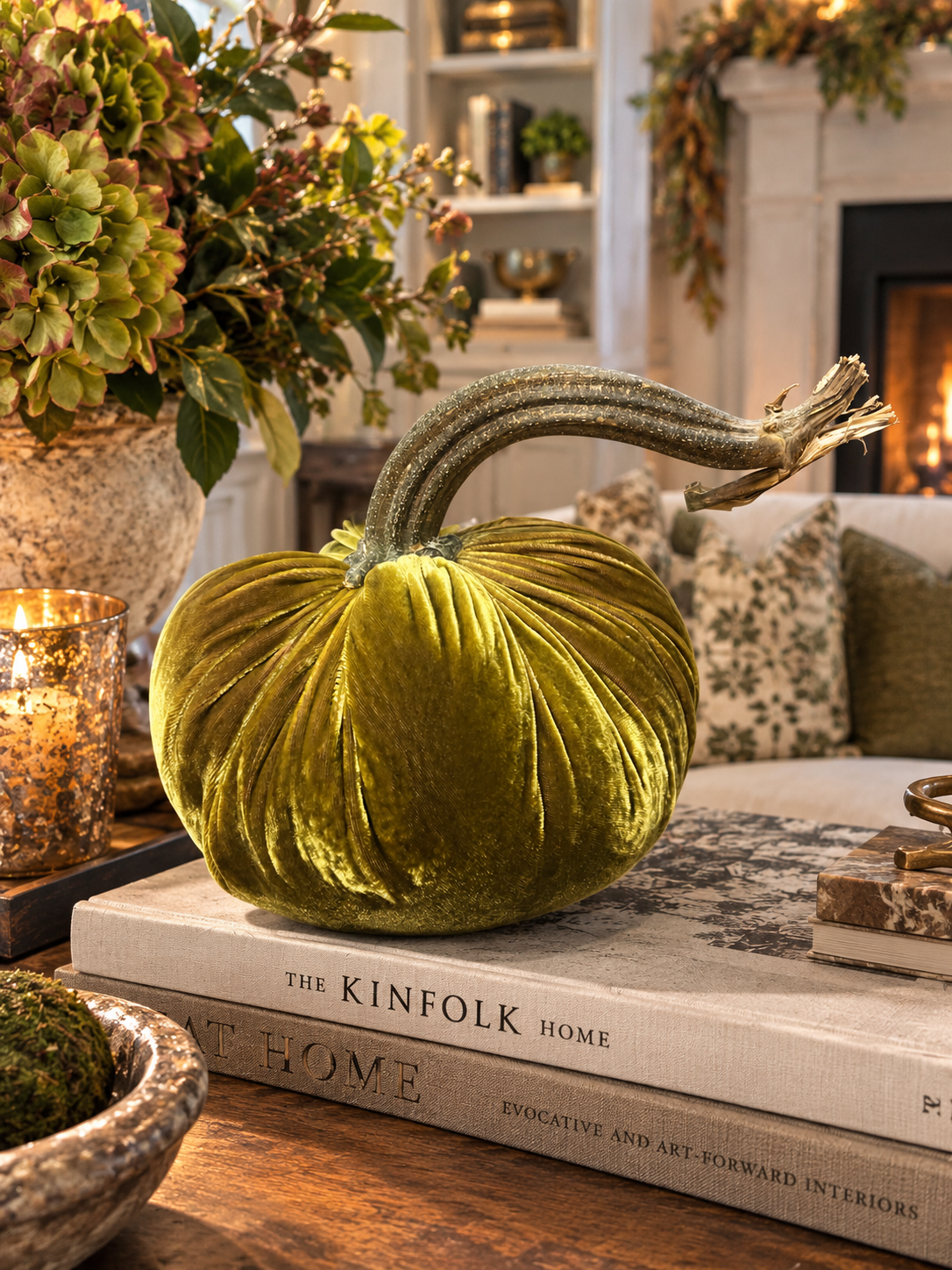 8 in DIA Olive Green Velvet Bean Weighted Pumpkin with Real Pumpkin Stalk (each stalk will very in size and shape)