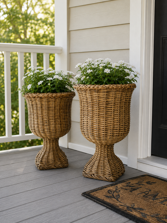 Set of 2 Hand Woven Rattan Urns