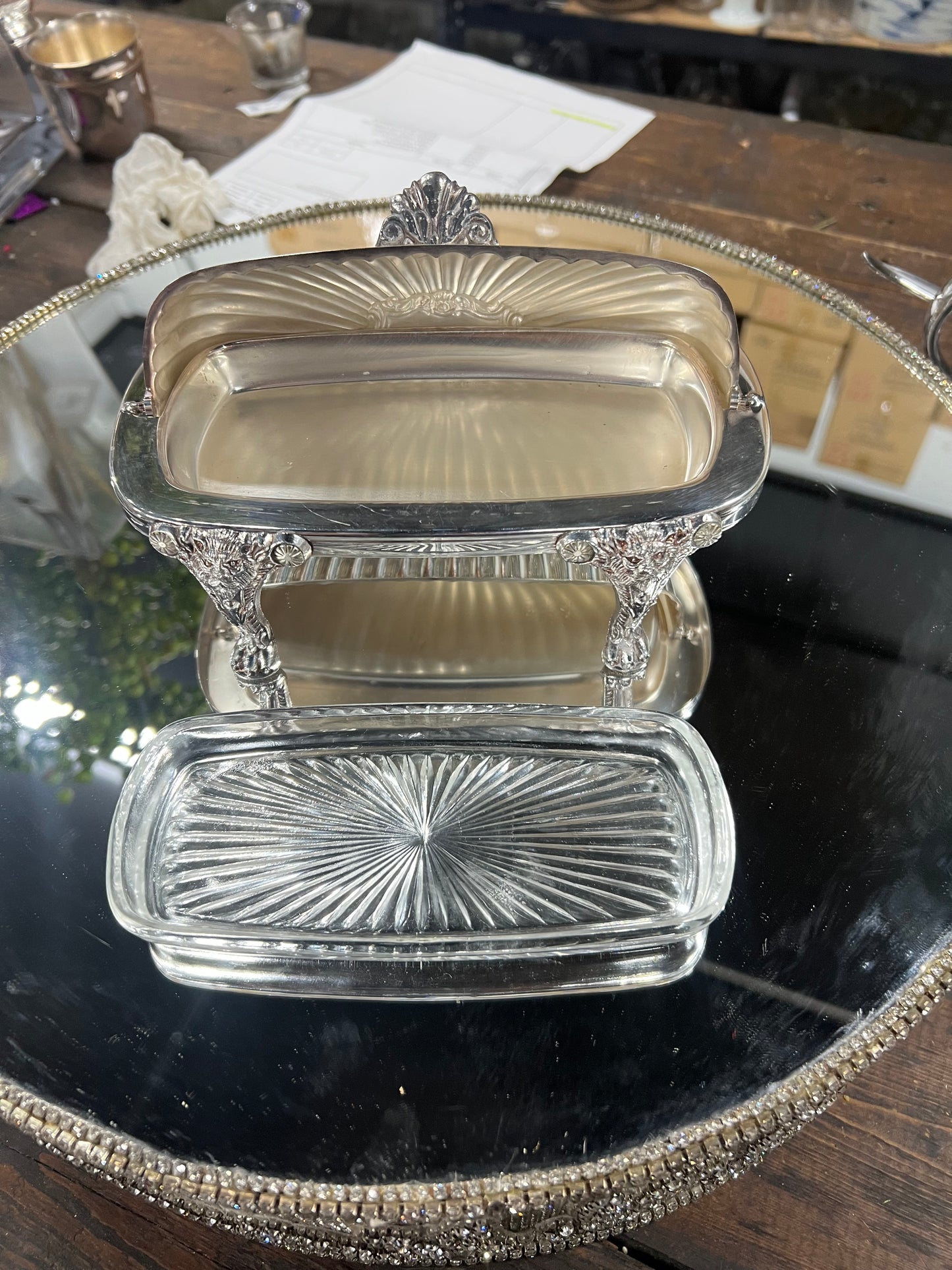 Vintage Silver Plated, Roll-Top Butter Dish with Lions Feet