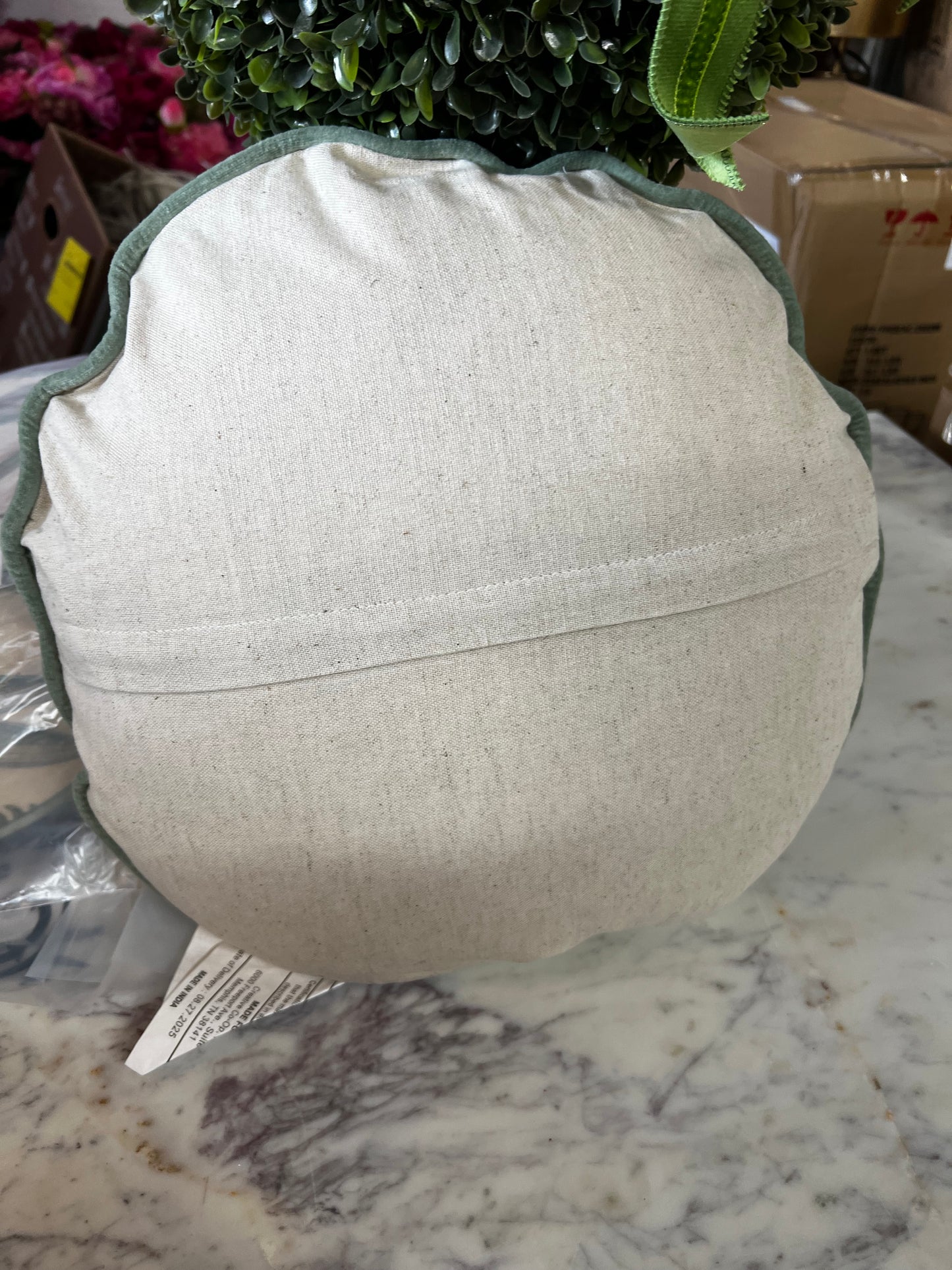 Round Cotton & Linen Pillow with Botanicals Embroidery & Piping,