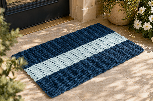 Lobster Rope™ Outdoor Doormat: Navy with Seafoam Stripe