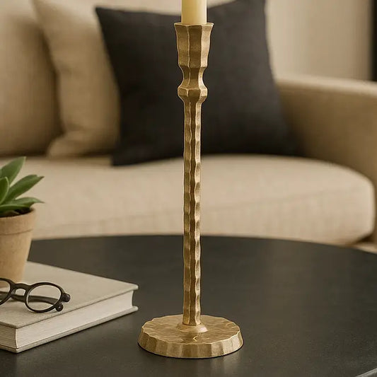 Taper Candle Holder - Gold Metal Hammered, 15 in.