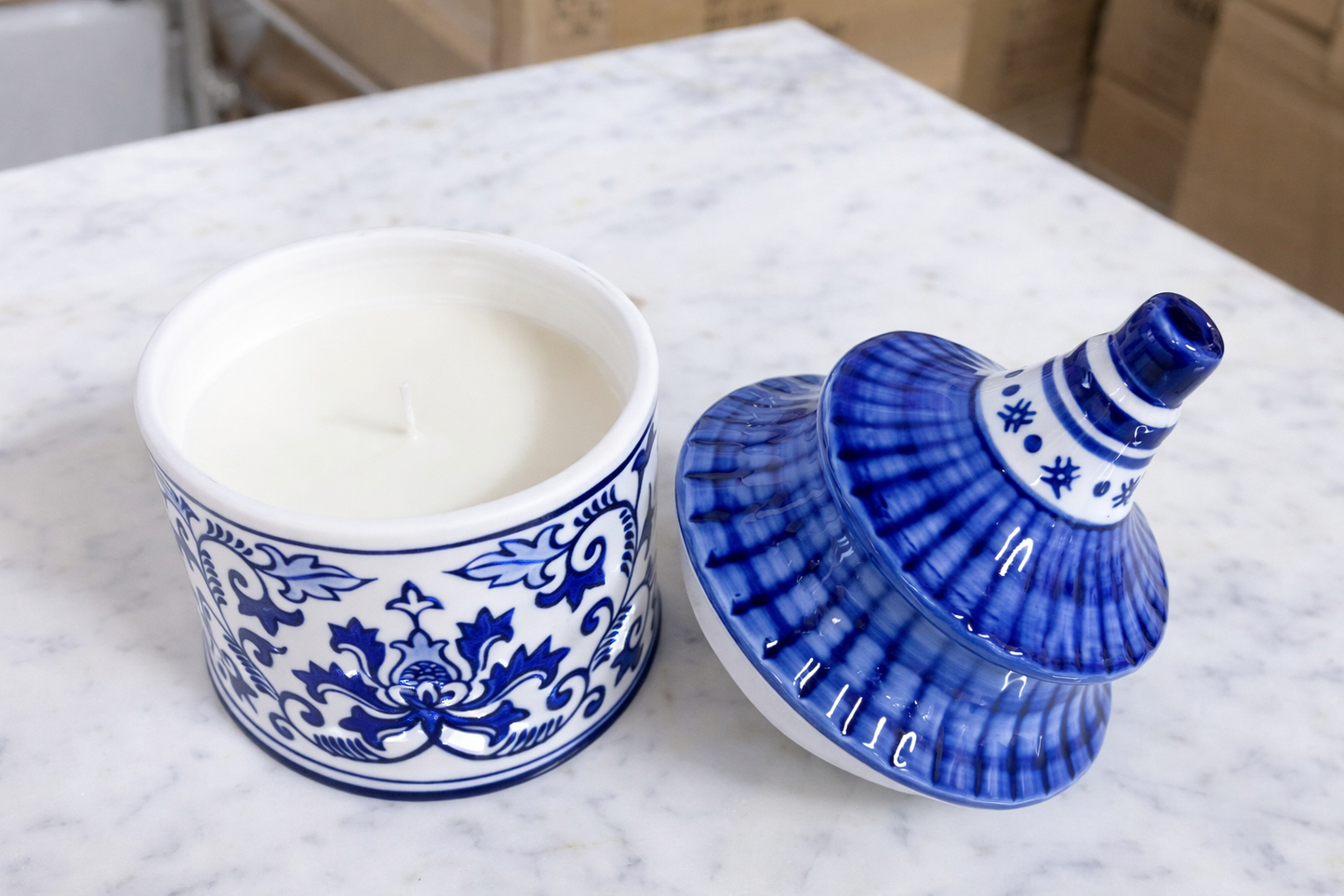 Blue and White Chinoiserie Plumeria Candle with Lid