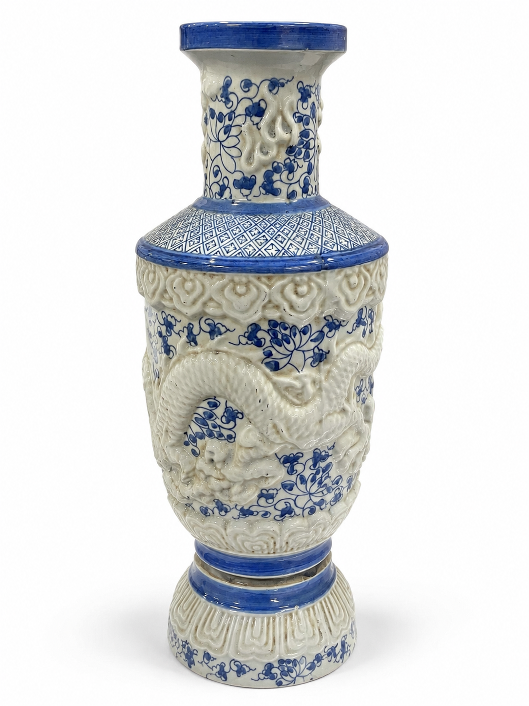 Vintage Authentic Embossed Blue and White Dragon Vase