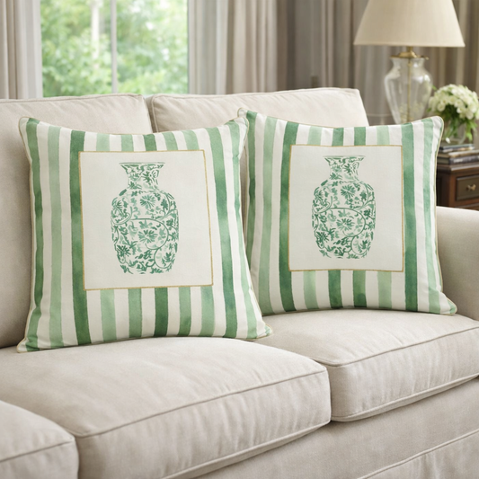 Set of 2 Green and White Pillow (Vase)