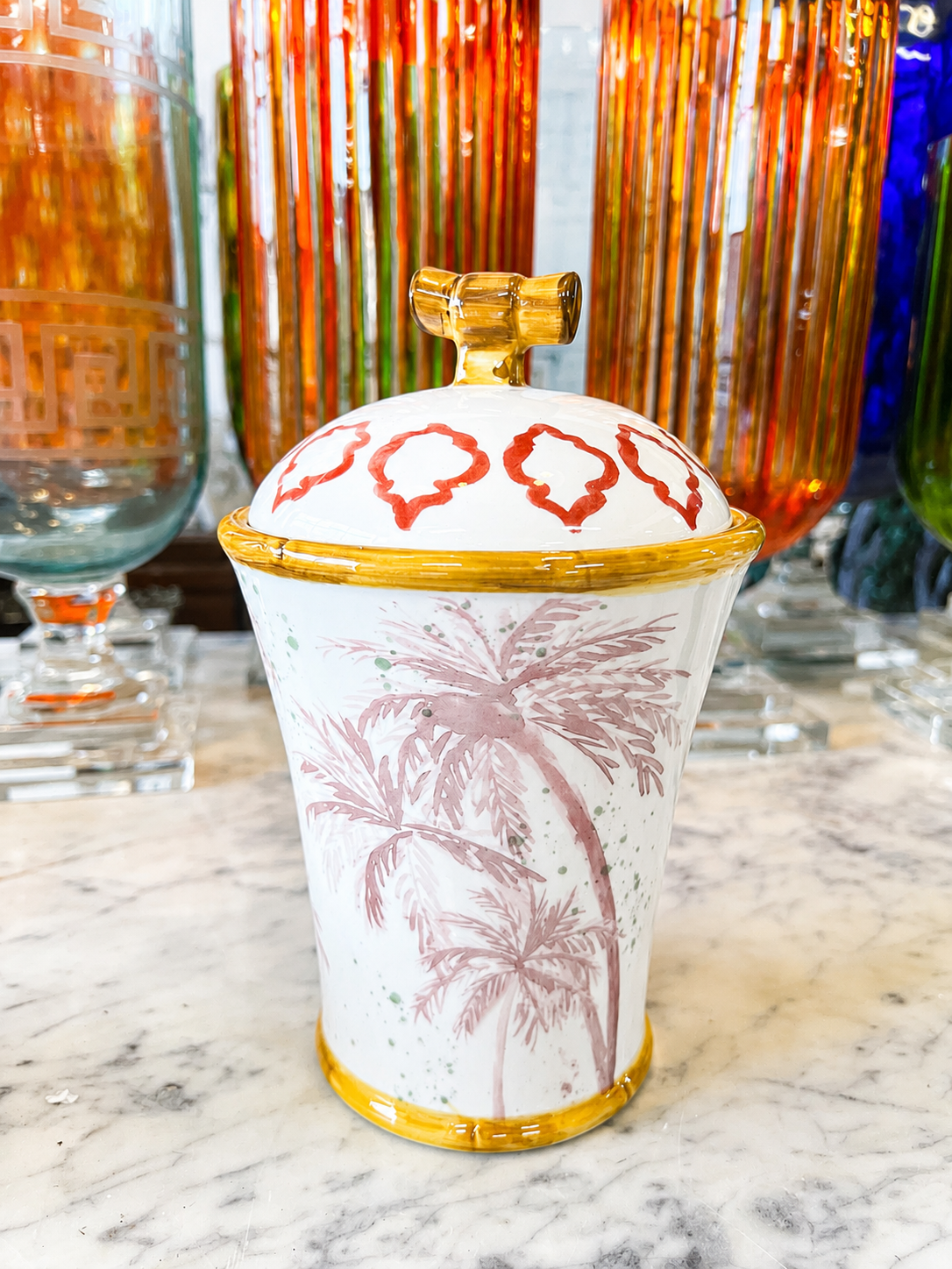Canister with palm trees, bamboo style edges